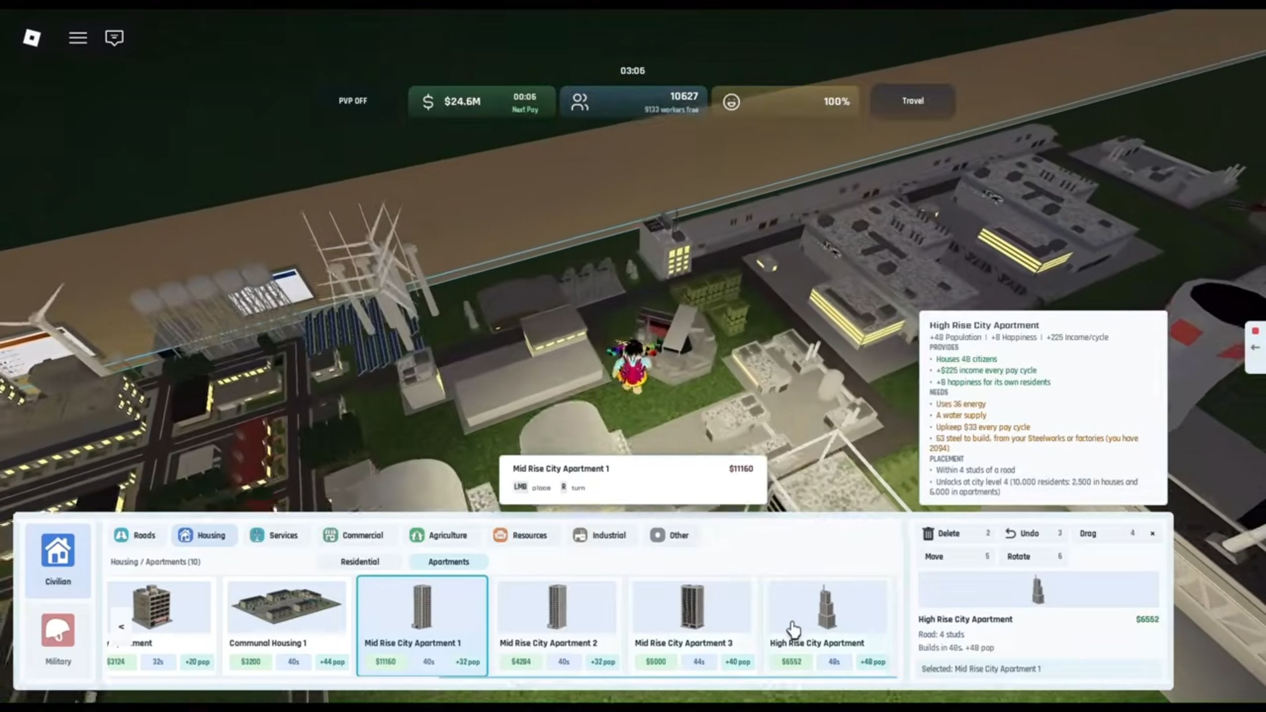 Visible housing cards, High Rise City Apartment tooltip and city counters.