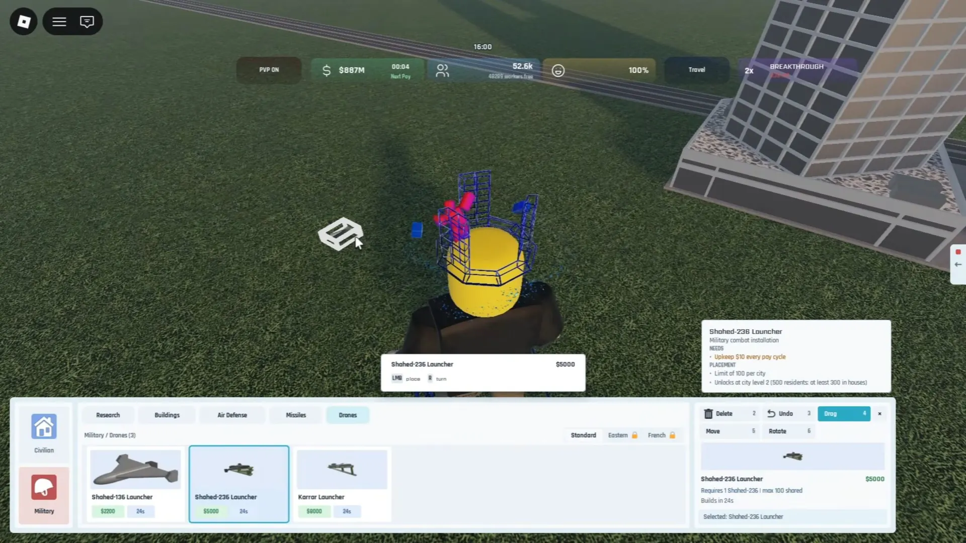 100-per-city placement tooltip and max 100 shared card wording, one required drone unit, upkeep and placement gate.