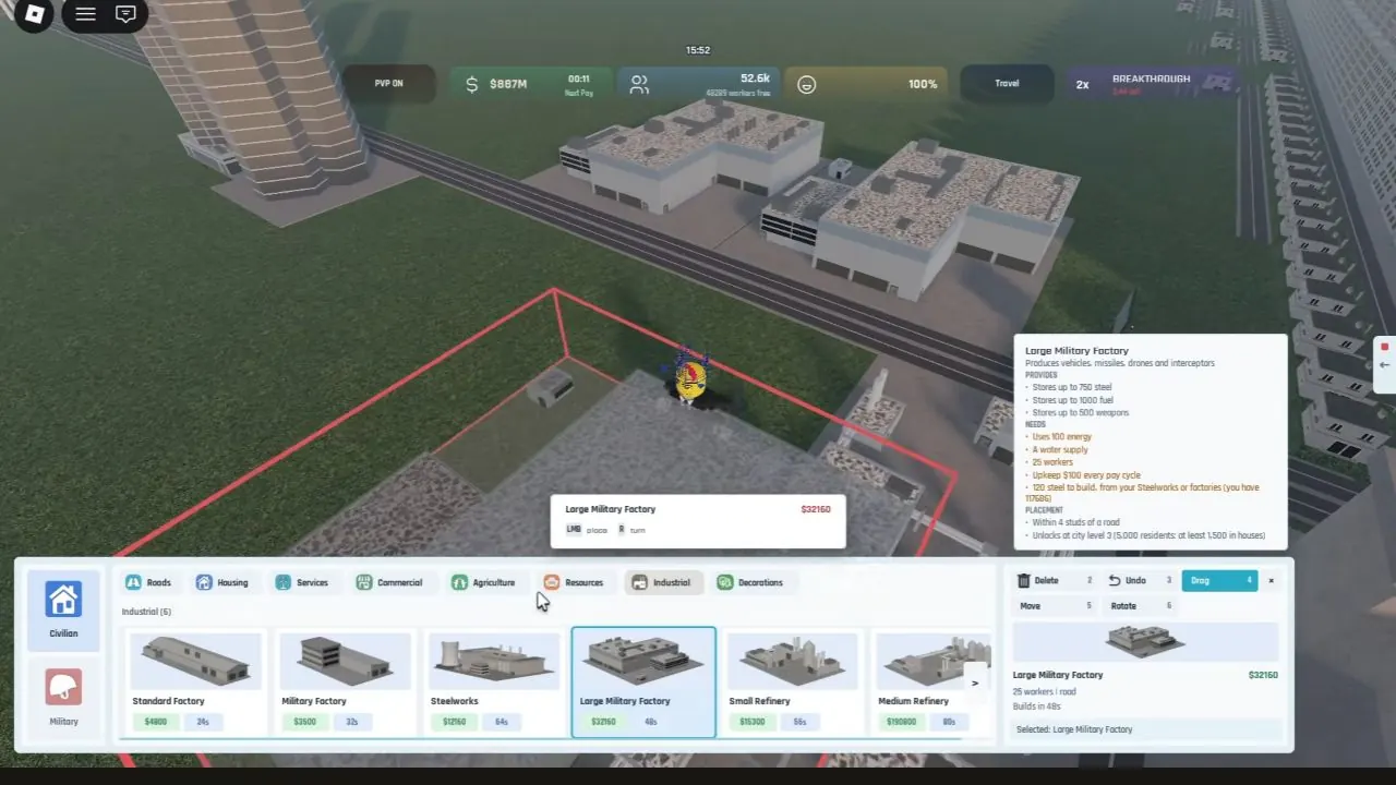 Level 3 tooltip: 5,000 residents including at least 1,500 in houses; factory storage and operating requirements.